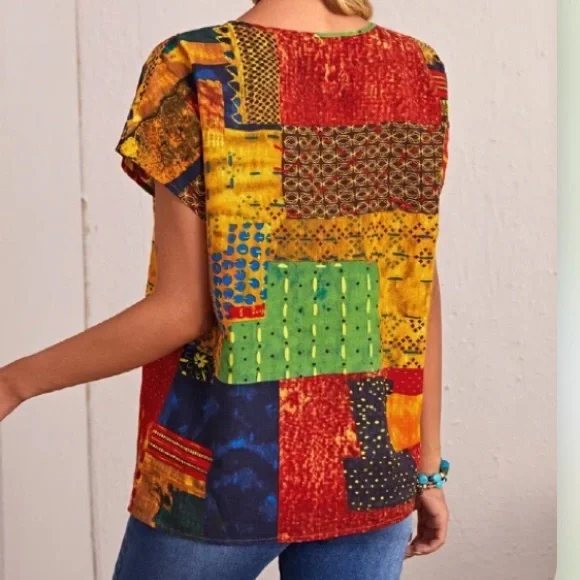 Vibrant Patchwork Print Blouse  Boutique New - Picture 3 of 8